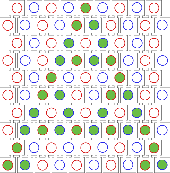 Outline of a PDMS-made grid loaded with cells confined in alginate beads for the biological implementation of cellular automata (ON state=sfGFP/green, OFF state=white).