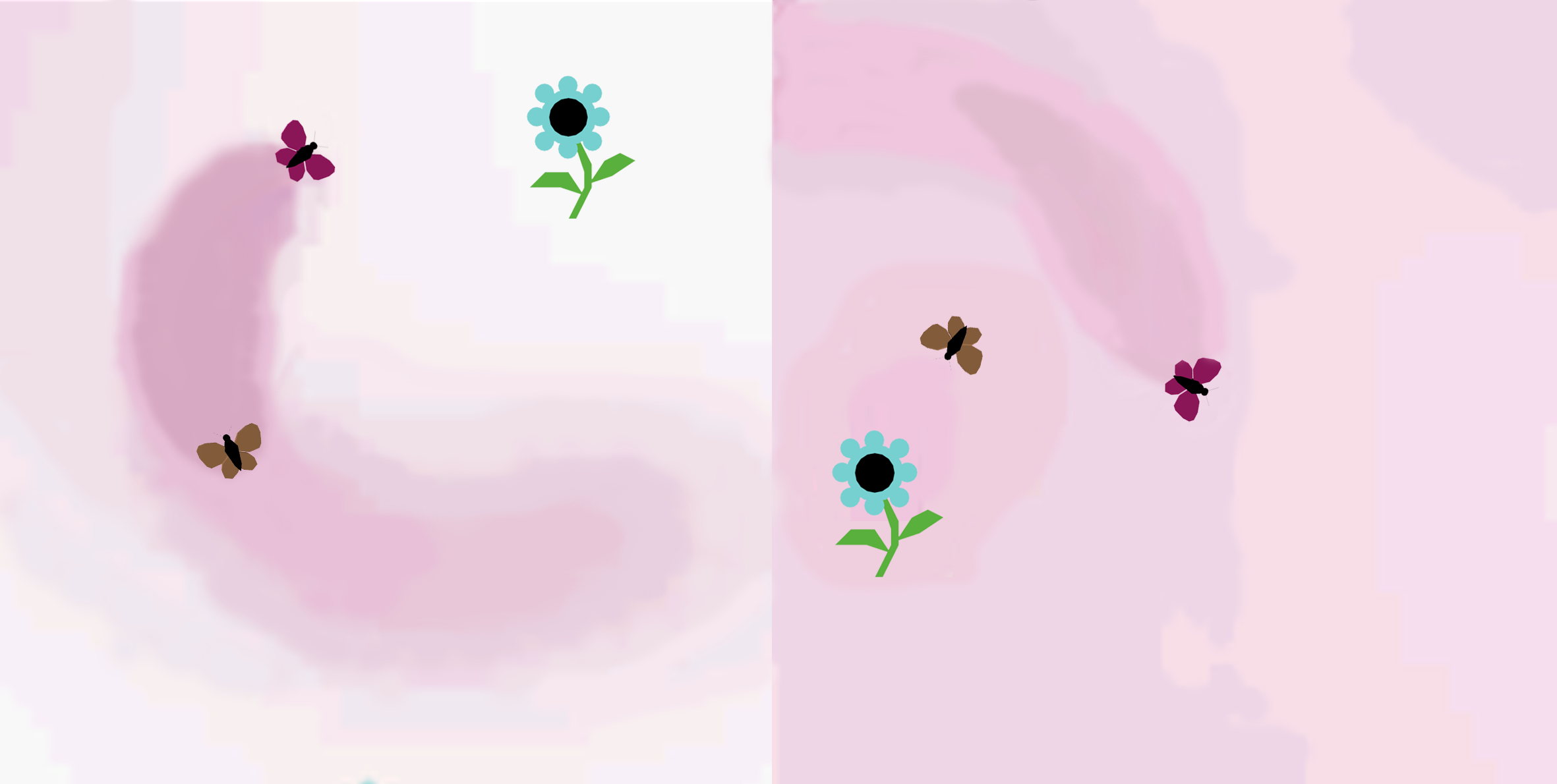Figure 2. On the left: sexy plants are switched-off and a male moth follows the pheromone trace from a female. On the right: sexy plants are switched on and a male moth go towards the static source as it happens with synthetic pheromone traps.